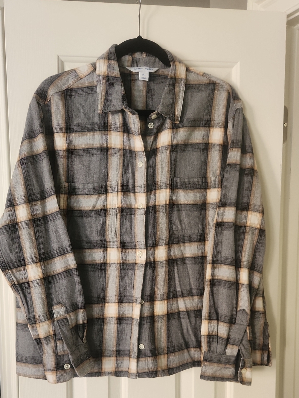 Womens Gray Plaid Shirt Jacket with Cream and Brown Lines